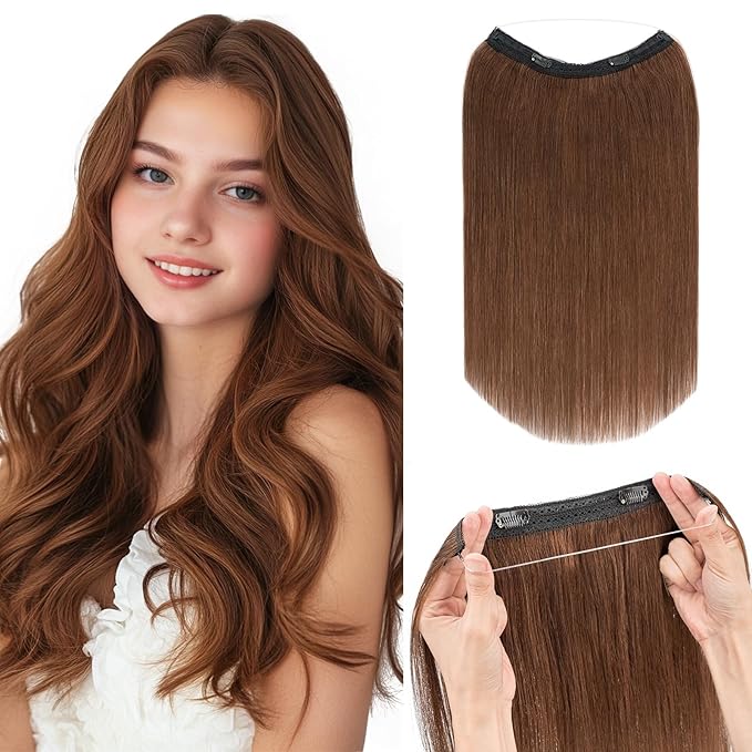 Hairro Wire Hair Extensions Human Hair, Fish Line Invisible Adjustable & Clips in Extensions Straight, 100% Real Hairpieces Seamless Blending for Women, 14 Inch 70g Medium Brown