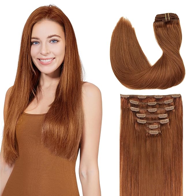 GOO GOO Clip in Hair Extensions Real Human Hair, Remy Human Hair Extensions Clip ins for Women, Natural Human Hair, 14inch 120g 7Pcs, Auburn
