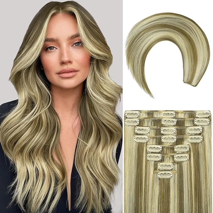 Blonde Clip in Hair Extensions, 24 Inch 120g, 8p613 Mixed Bleach Blonde, Invisible Seamless Straight Remy Blonde Hair Extensions Clip in 8pcs Per Set with Double Weft