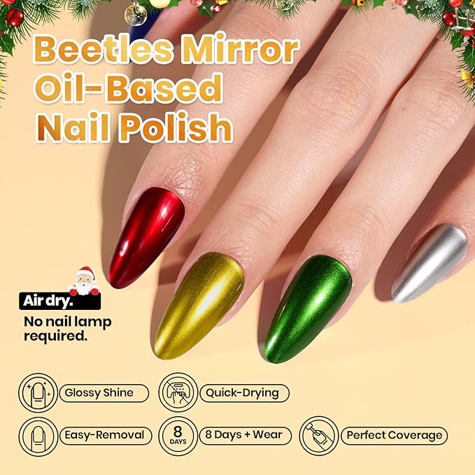 Beetles Chrome Metallic Nail Polish Set - Jingle Jewels 6 Colors Quick-Drying Glossy Mirror Nail Polish Shiny Chrome Effect Fingernail Polish DIY Nail Art Christmas Gift for Women Salon Home