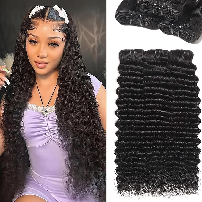 12A Brazilian Deep Wave Bundles Human Hair 3 Pcs Water Wave Bundles 100% Unprocessed Virgin Human Hair Wet and Wavy Bundle Double Weft Deep Curly Weave Natural Black（22 22 22）