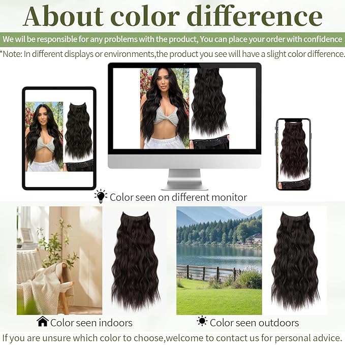 KooKaStyle Invisible Wire Hair Extensions with Transparent Wire Headband Adjustable Size 4 Secure Clips Long Wavy Synthetic Hairpiece for Women (24 Inch Rich Dark Brown with Warm Tones/6#)