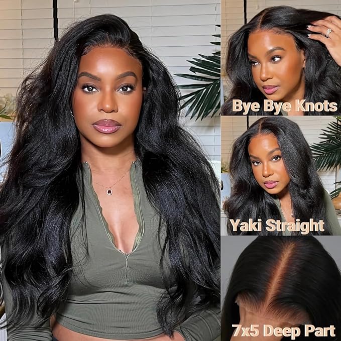 Julia Hair Bye Bye Knots Glueless Wig Yaki Human Hair Lace Wig Invisible Knots Put On and Go Pre Cut 7x5 Lace Front Wigs for Beginners Pre Bleached Pre Plucked No Glue150% Density 20 Inch