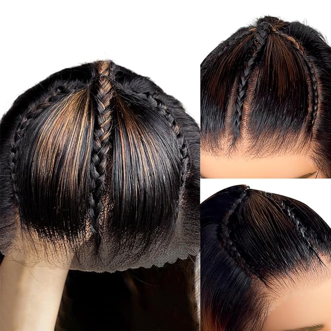 AMIRTY 36 Inch Ombre Braided Lace Front Wig Human Hair Glueless Braided Wigs Human Hair Pre Plucked for Women Highlight Straight Wigs Human Hair 9x6 HD Lace Front Wigs Bleached Knots