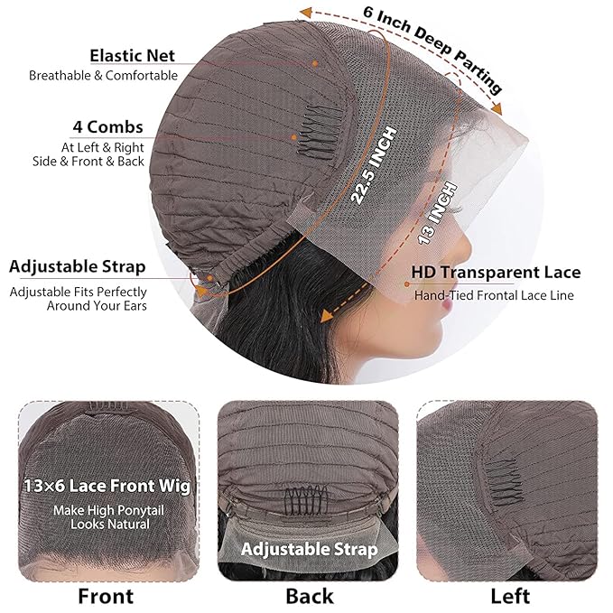 13x6 Body Wave Lace Front Wigs Human Hair Pre Plucked 180 Density Virgin Real Human Wig 3x Longer Lifespan HD Lace Frontal Wigs Human Hair for Women (Natural Black, 34inch)