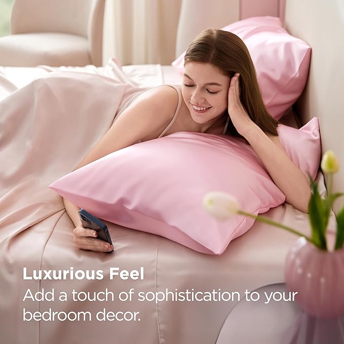 Bedsure Satin Pillowcase for Hair and Skin Queen, Similar to Silk Pillow Cases, Pillow Cases Set of 2 with Envelope Closure, Pink Christmas Room Decor Essentials, 20x30 Inches, 2pcs
