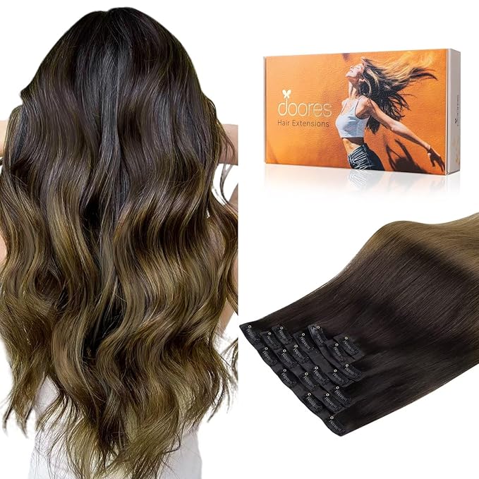 DOORES Seamless Clip in Hair Extensions Real Human Hair Extensions, Chocolate Dip Color Melt 120g 24 Inch 7pcs, Clip in Human Hair Extensions Straight Hair Invisi Edge Hair Extensions