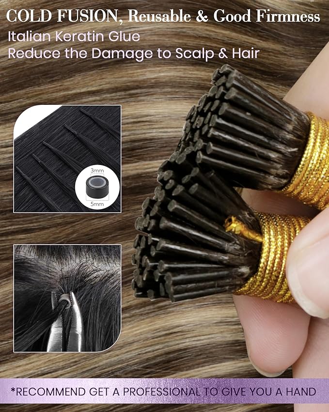 LaaVoo Itip Human Hair Extensions Balayage I Tip Hair Extensions Real Human Hair Medium Brown with Caramel Brown 18inch 40g 80s