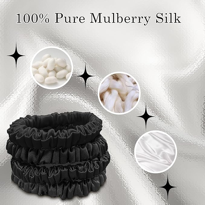 Mulberry Silk Hair Scrunchies – 8 Pack Soft & Smooth Pure Skinny Silk Scrunchies, Hair Ties for Women Girls, Elastic Ponytail Holders No Damage