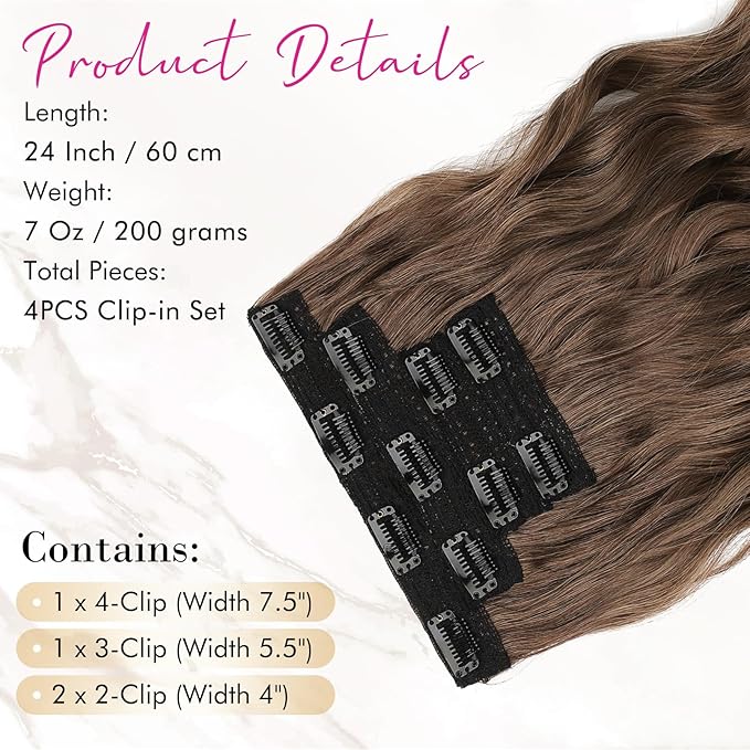 REECHO Clip in Hair Extensions, 4PCS Blonde Hair Extensions 24" Thick Long Beach Waves hair extensions HE003 Invisible Lace Weft Natural Soft Hairpieces for Women – Medium Brown