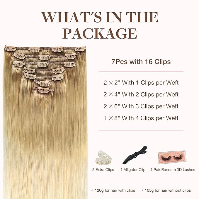 GOO GOO Clip in Hair Extensions Real Human Hair, Remy Human Hair Extensions Clip ins for Women, Natural Human Hair, 24inch 120g 7Pcs, #O7/60F