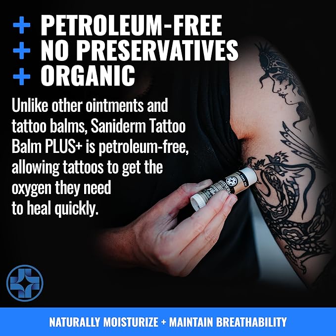 Saniderm Tattoo Aftercare Balm PLUS+ - Small (0.6 oz) – Petroleum Free, Organic Tattoo Moisturizer Infused with Colloidal Silver, Lavender Oil, and Other Natural Ingredients