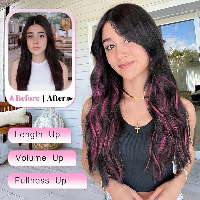 ALXNAN Clip in Long Wavy Synthetic Hair Extension 24 Inch Black Mix Rose Pink Highlights 4PCS Thick Hairpieces Fiber Double Weft Hair for Women