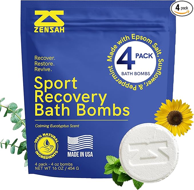 Zensah Sport Recovery Bath Bombs - Magnesium Epsom Salt for Soaking Sore Muscles, Christmas Stocking Stuffers, Made in USA with Essential Oils, Peppermint and Eucalyptus Relaxation for Athletes