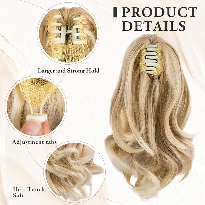 12 Inch Ponytail Extension, Claw Clip inWavy Pony Tails Hair Extensions, Synthetic Hair Extensions Ponytail, Clip on Ponytails for Women - Golden Blonde with Light Ends22