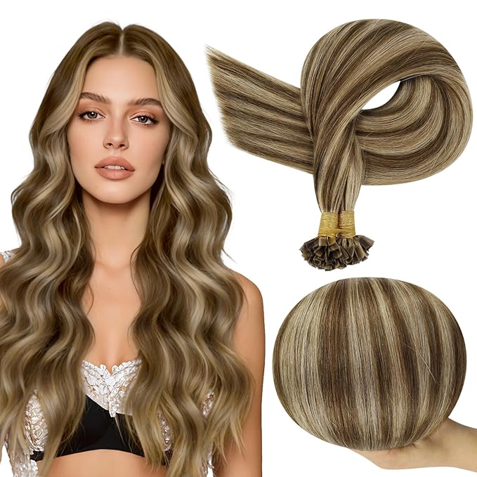 Full Shine K Tip Hair Extensions Real Human Hair Brown and Blonde Highlighted 18 Inch Keratin Bond Hair Extensions 50 Grams Soft Natural Remy Hair for Women