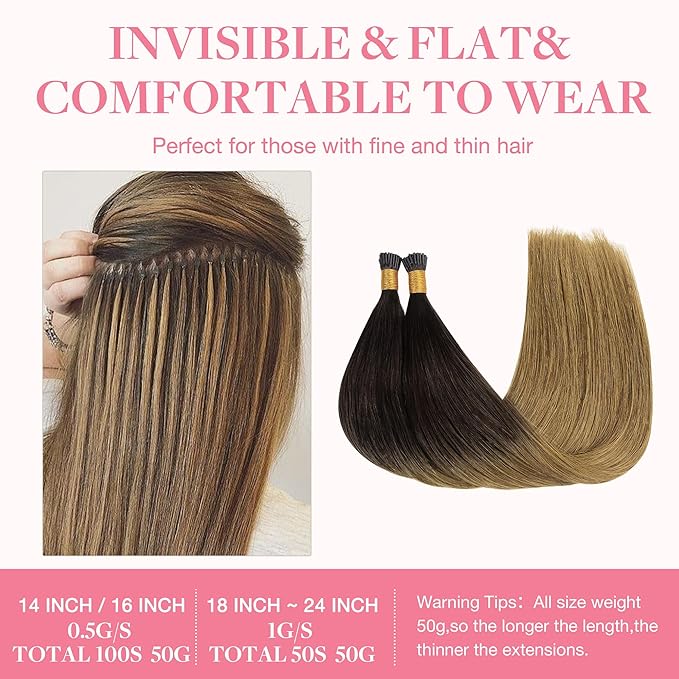 GOO GOO I Tip Hair Extensions - Real Human Hair, 18inch 50g, Cold Fusion, Invisible Remy, Chocolate Dip Color Melt