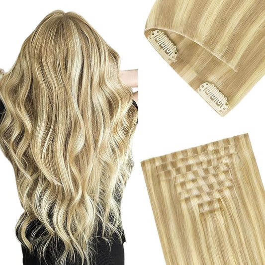 GOO GOO Invisi Edge Clip in Hair Extensions, 14inch 130g 9Pcs, Injected Seamless PU Clip in Hair Extensions, Virgin Real Human Hair, #18D/22F Dirty Blonde Highlights