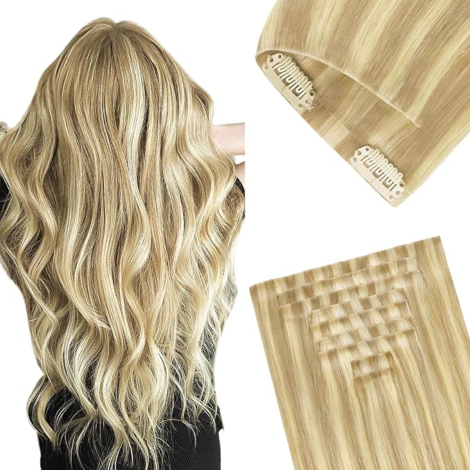 GOO GOO Invisi Edge Clip in Hair Extensions, 20inch 150g 7Pcs, Injected Seamless PU Clip in Hair Extensions, Virgin Real Human Hair, #18D/22F Dirty Blonde Highlights