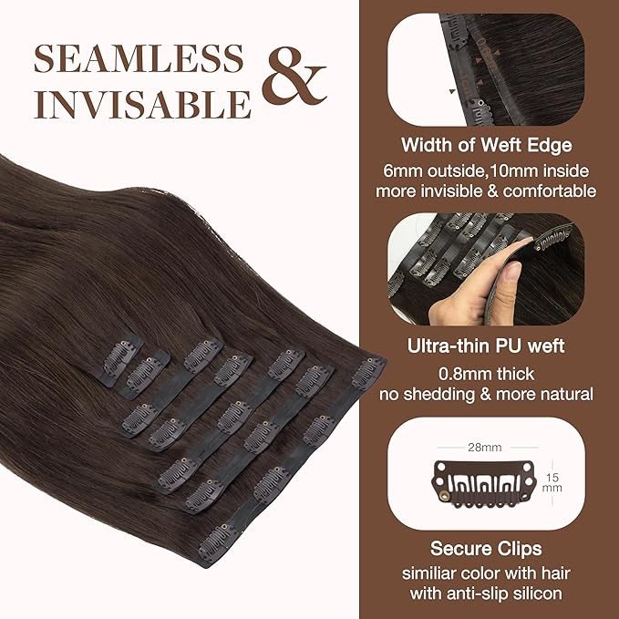 GOO GOO Clip in Hair Extensions Real Human Hair, Remy Human Hair Extensions Clip ins for Women, Natural Human Hair, 18inch 130g 7Pcs, 2A Light Brown