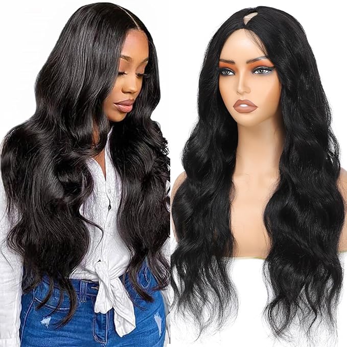 V Part Wig Human Hair Body Wave Upgrade U Part Human Hair Wig With Clips Glueless Wigs Human Hair Beginner Friendly V Shape Clip In Half Wigs for Women No Leave Out 180% Density 34 Inch