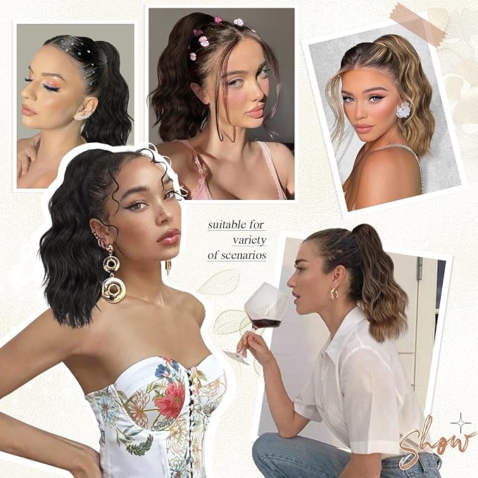 SOFEIYAN 14" Ponytail Extension, Short Wavy Claw Clip in Ponytail Hair Extension Synthetic Hairpieces Black Layered Natural Fluffy Curly Drawstring Ponytail Hair Piece for Women