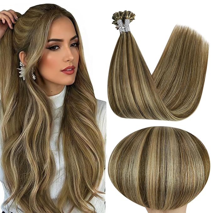 Full Shine U Tip Hair Extensions Human Hair Medium Brown Highlighted Blonde 22 Inch Fusion Hair Extensions Real Human Hair for Women Keratin Tip Extensions 50 Grams