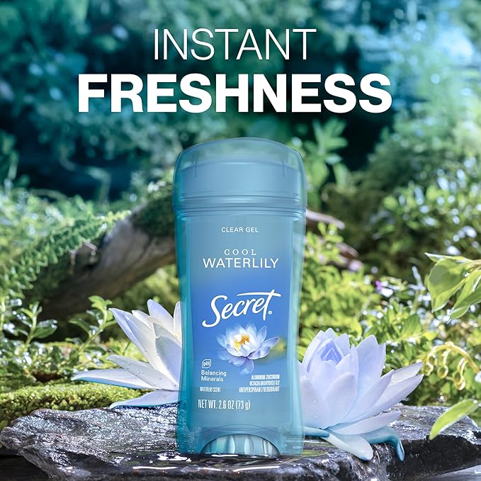 Secret Fresh Antiperspirant Deodorant for Women, 48hr to 72hr Breathable Sweat & Odor Protection, Instant Freshness & Gentle, PH Balancing Minerals, Clear Gel, Cool Waterlily Scent, 2.6 oz