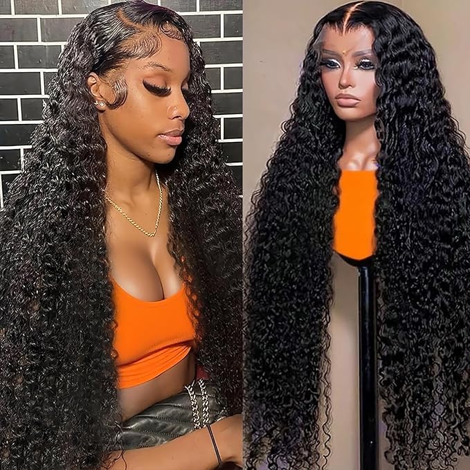 Dianthe Deep Wave Lace Front Wigs Human Hair 180% Density 13x6 HD Transparent Glueless Pre Plucked Deep Curly Wig Wet and Wavy Human Wigs for Women with Baby Hair (Deep Black, 30-Inch)