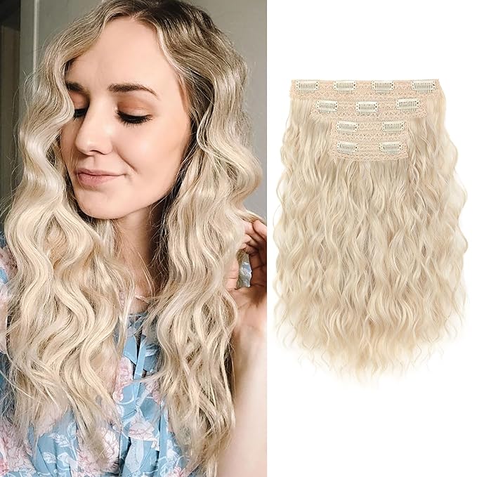 REECHO Clip in Hair Extensions, 4PCS Hair Extensions 14" Short Wavy Invisible Lace Weft Natural Soft Hairpieces for Women – Light Blonde