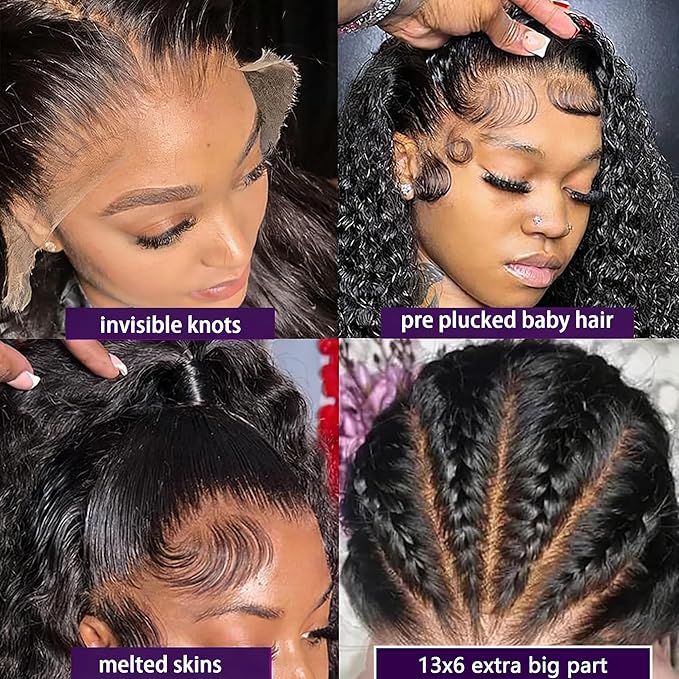 Manorshen 36Inch 13x6 Deep Wave Lace Front Wigs Human Hair HD Transparent Lace Frontal Wigs Human Hair Pre Plucked Deep Curly Wigs for Women Wet and Wavy Glueless Wigs Natural Black 180% Density