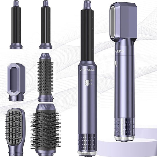 6 in 1 Hair Dryer Brush, Detachable Air Styler, 3 Heat Settings Blow Dryer Brush Frizz-Free Volumizing, Straightening, Curling ALCI Safety Plug for Travel & Home Styling (Blue-Pink)