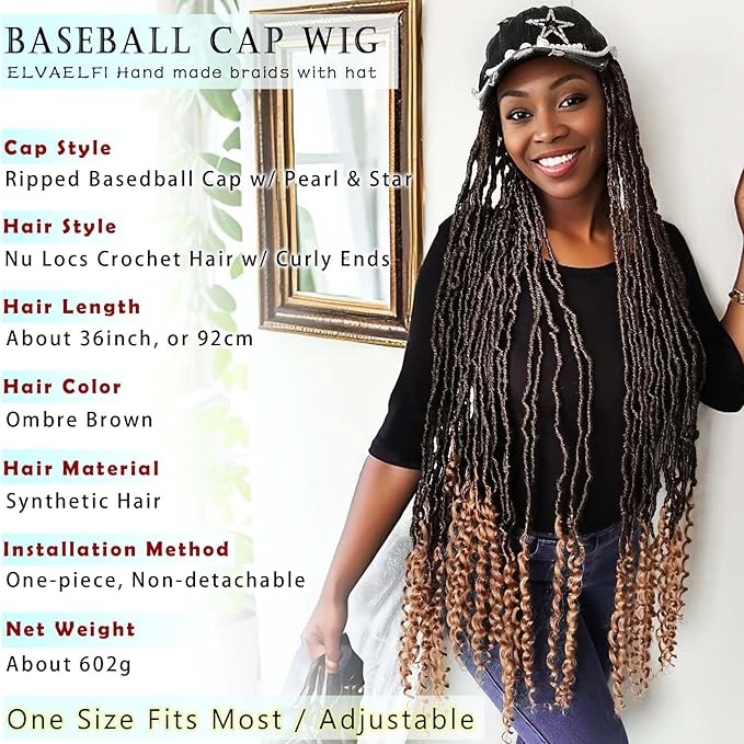 36" Nu Locs Crochet Hair Curly Ends Gradient Brown, Pearl Baseball Cap Wigs for Women Girls Easy Styling