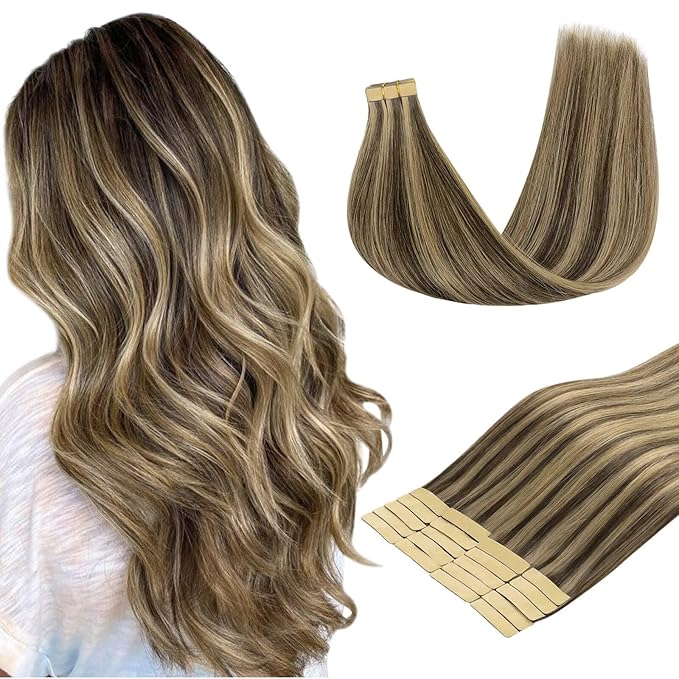 DOORES Tape in Hair Extensions Human Hair, Chocolate Brown Highlight Caramel Blonde 60g 20pcs 26 Inch, Tape in Human Remy Extensions Natural Remy Straight Skin Weft