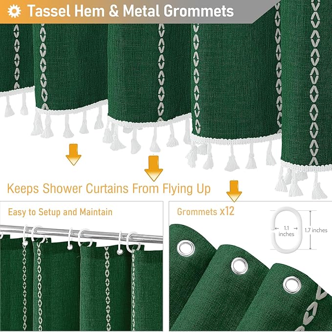 BTTN Extra Long Shower Curtain, 72x96 Long Striped Boho Chic Linen Fabric Heavy Duty Shower Curtain with Hooks, Tall Bohemian Farmhouse Luxury Tassel Cloth Shower Curtain for Bathroom, Emerald Green