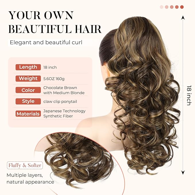 Flufymooz Ponytail Extension, 18 inch Wavy Curly Claw Clip Ponytail Extension Clip on Ponytails Natural Synthetic Hairpiece for Women Daily Wear (Chocolate Brown with Medium Blonde)