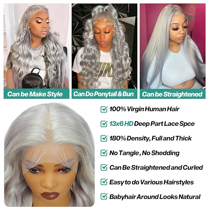 13x6 Grey Lace Front Wigs Human Hair Body Wave Gray Wigs Human Hair Pre Plucked with Baby Hair 200 Density Glueless Brazilian Virgin Grey Lace Frontal Wigs for Women 34 Inch