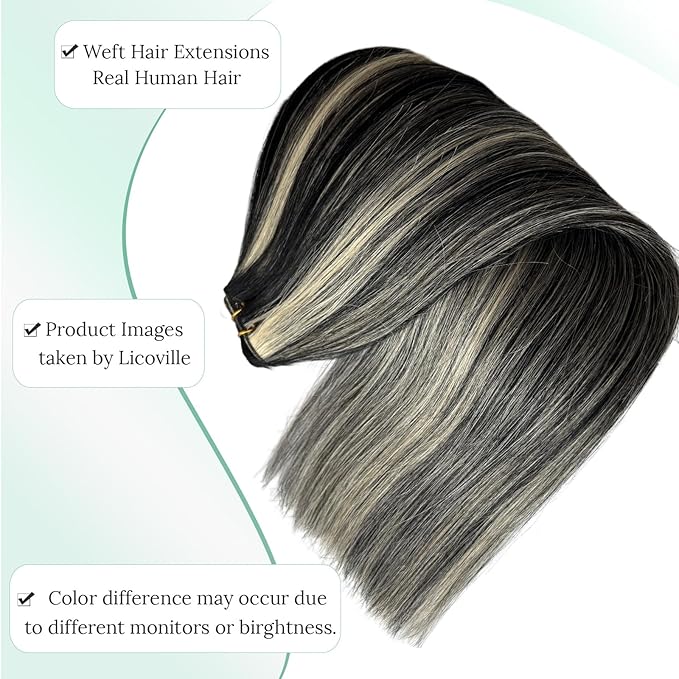 Double Weft Human Hair Extensions Black and Blonde Highlight Sew in Hair Extensions Real Human Hair 16 Inch 100G Hand Tied #1/613 Black Mixed Blonde Hair Wefts Sew in Bundles