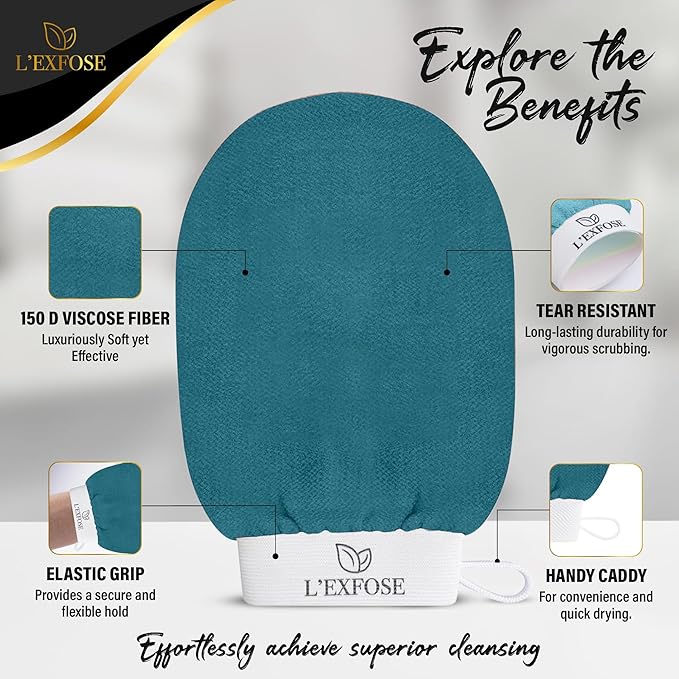 L'Exfose Kessa Hammam Deep Exfoliating Glove for Shower - Korean Exfoliating Mitt Body Scrubber Ideal for Dead Skin Remover, Keratosis Pilaris & Self-Tanning (Cyan Blue & Ivory)