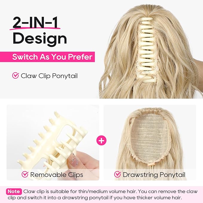 REECHO Ponytail Extension, 20” Claw Clip Ponytail Extension Curly Clip in Ponytail Long Pony Tails Hair Extensions for Women Synthetic Hairpiece, Medium Blonde with Blonde Highlights