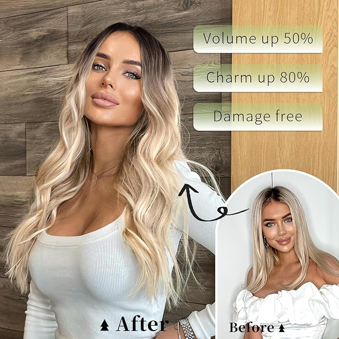KooKaStyle Invisible Wire Hair Extensions with Transparent Headband Adjustable Size 4 Secure Clips Long Wavy Secret Wire Hairpiece Brown to Blonde mix Highlight 20 Inch for Women