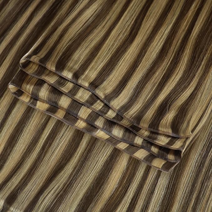 Fshine Real Human Hair Genius Weft Hair Extensions Medium Brown and Caramel Blonde Highlights Sew in Real Human Hair Extensions Highlight Hair Genius Weft Remy Human Hair 18 Inch 50g