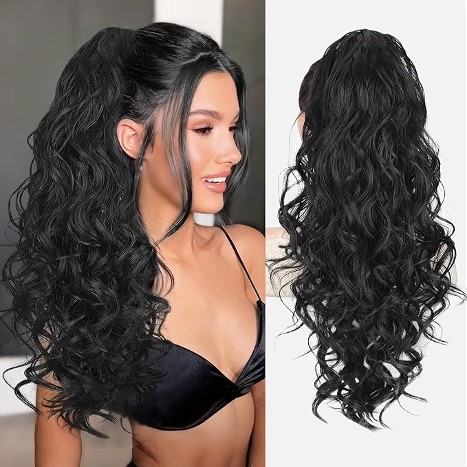 QGZ Ponytail Extension 20 Inch Claw Clip Ponytail Hair Extension Natural Synthetic Curly Wavy Hairpiece for Women Daily Use(Black)