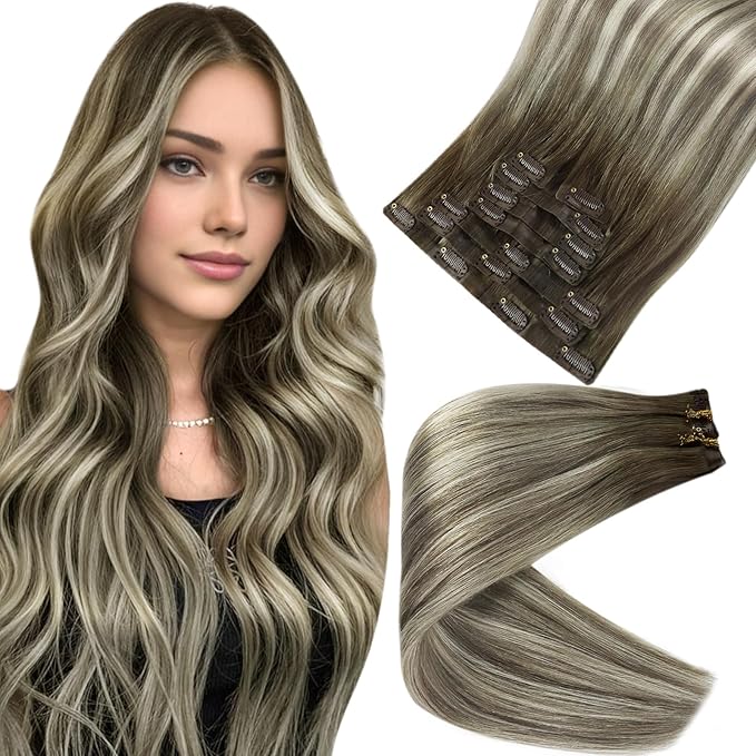 Full Shine Balayage Hair Clip in Extensions Brown Ombre Invisible Clip in Hair Extensions Ash Brown to Cool Blonde Real Human Hair for Long Hair 20 Inch 120 Gram 8 PCS