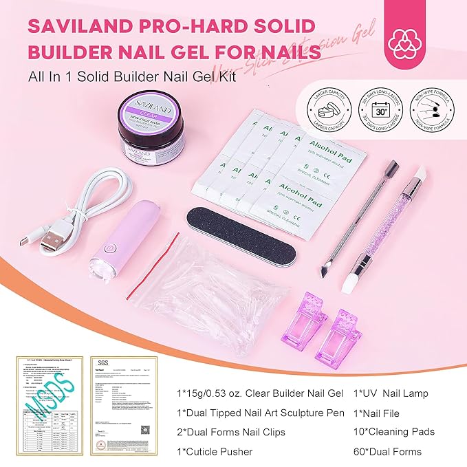 SAVILAND PRO-Hard Solid Builder Nail Gel for Nails: 2024 Ultra-Strength | Non-Sticky | Clear 3D Nail Gel with U V Lamp for 3D Nail Carving Emboss & Fast Extension Professional Use Salon