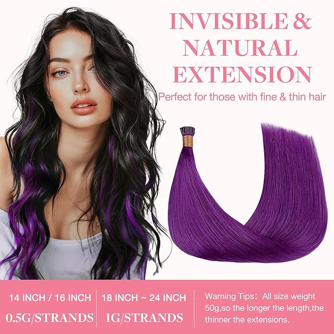 GOO GOO Colored I Tip Hair Extensions, Real Human Hair, 24inch 50g 50S, Cold Fusion I Tip, Invisible Remy, Purple