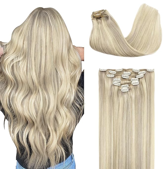 GOO GOO Clip in Hair Extensions Real Human Hair, Remy Human Hair Extensions Clip ins for Women, Natural Human Hair, 20inch 160g 7Pcs, #17A/60A Ash Blonde Highlighted Platinum Blonde