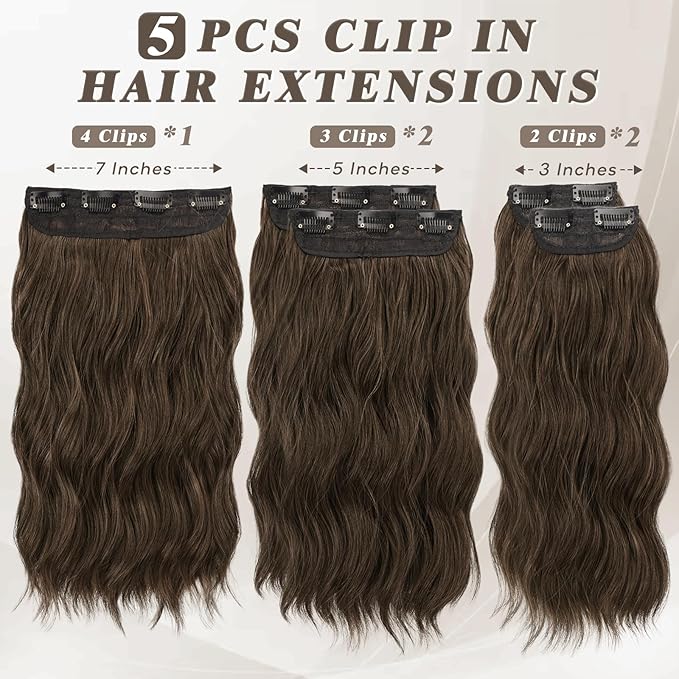 BARSDAR Short Wavy Clip in Hair Extensions - 14 Inch Brown Hair Extensions Clip in for Women - 5PCs Thick Soft Synthetic Loose Wavy Clip in Extensions Hairpieces – Brown