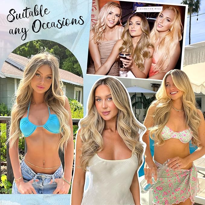 KooKaStyle Invisible Wire Hair Extensions Long Wavy Layered Synthetic with Transparent Headband Adjustable Size 6 Secure Clips Hairpieces for Women (20 Inch, Light Brown Mix Golden Blonde)