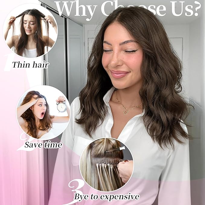 KooKaStyle Short Hair Extensions 6PCS 14 Inch Wavy Curly Hairpieces Synthetic Soft Lace Weft Clip in Hair Extensions-Chestnut Brown for Women